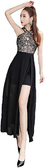Kimberley ワンピース ノースリーブ ロング丈 黒 フロントクロス レース シフォン スリット ロング フォーマル ドレス セクシー ワンピース チュニック 通販 Amazon