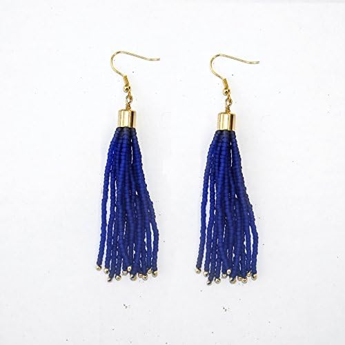Matte Cobalt Blue with accent of Galvanised Gold Seed Beaded Tassel Earring with Shiny 16K Gold Plated Brass Findings