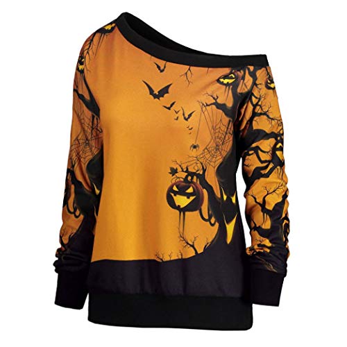 Women Halloween Party Skew Neck Pumpkin Print Jumper Pullover Sweatshirt Tops by Limsea - Thumbnail 4