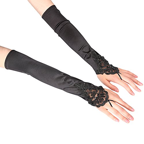 Xuhan 1920s Long Flapper Fingerless Evening Opera Satin Gloves for Women (Black-1)