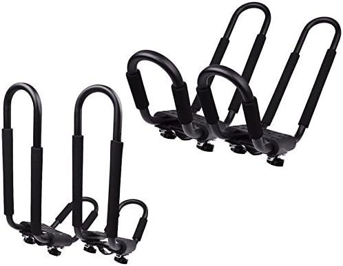 4 PCS J-Bar Kayak Rack Set Of 2 Boat SUV Canoe Surf Ski Snowboard Transport Roof Universal Mount Car Cross Easy Loading And Unloading Heavy Duty Steel Tie-Down Straps