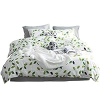 LAYENJOY Tree Leaves Spring Duvet Cover Set Twin Size White Green Tropical Botanical Plants 100% Cotton Grid Plaid Striped Bedding Set for Kids Teens Boys Girls Comforter Cover, No Comforter