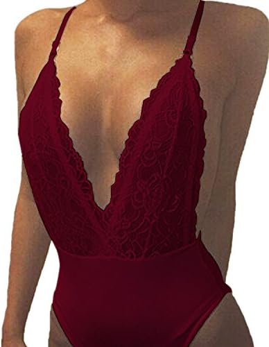 StyleDome Women's Lace V Neck Crochet Bodysuit Beach Backless Halter Bikini Set Wine Red US 16