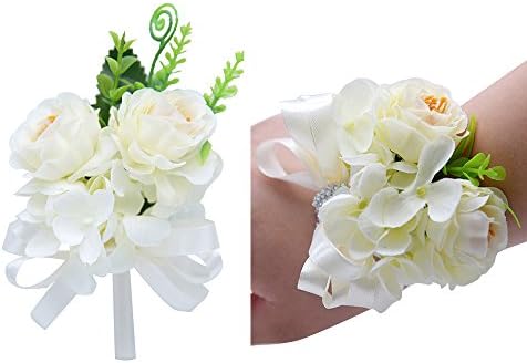 Florashop Satin Flower Corsage and Boutonniere Pack Wedding Bridal Bridesmaid Wrist Corsage Band Men's Groom Bridegroom Boutonniere for Wedding Prom Party Homecoming (Ivory)