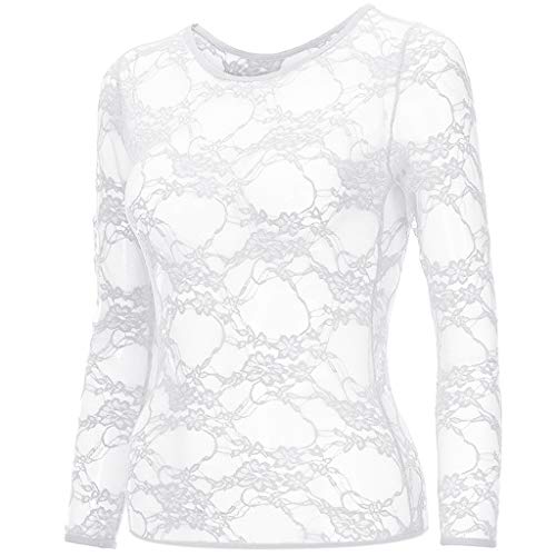 Amlaiworld Women’s Fashion Tops Ladies Long Sleeve Floral Lace Tee Tops Summer T-Shirt Undershirt (M, White)