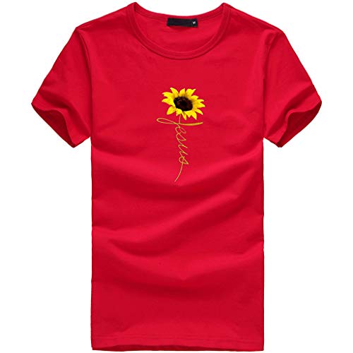 LuluZanm Sunflower Print T-Shirts for Women Sale Ladies Basic Summer Short Sleeve Tops Plus Size O-Neck Blouse Red - Thumbnail 2