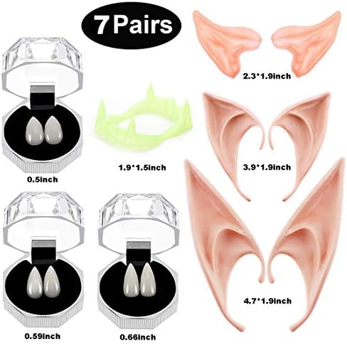 YEFAF Vampire Teeth Fangs and Elf Ears, 7 Piece Halloween Party Cosplay Vampire Tooth Horror False Teeth for Halloween Costume Accessory
