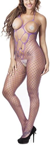 HXQ Womens Lingerie High Elasticity Fishnet Open Crotch Mesh Bodystockings?Buy one get one free? , purple