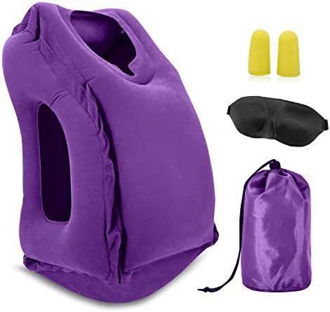 Ovinm Inflatable Travel Pillow, Portable Head and Neck Pillow, Round Bottom for Airplanes,Cars, Office, Perfect gift for Family, Friends, Colleagues, Purple - Come with Sleeping Eye Mask and Ear Plugs
