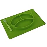 Biubee Silicone Placemat + Plate - One-Piece Suction Bowl with Spoon for Baby and Toddlers (green)