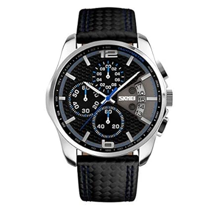 SKMEI Bernsuisse Waterproof Chronograph Japanese Quartz Date Clock Black Leather Strap Mens Watch