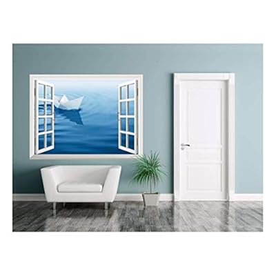 Wall26 Removable Wall Sticker / Wall Mural - Paper Boat Sailing on Blue Water Surface | Creative Window View Home Decor / Wall Decor - 36