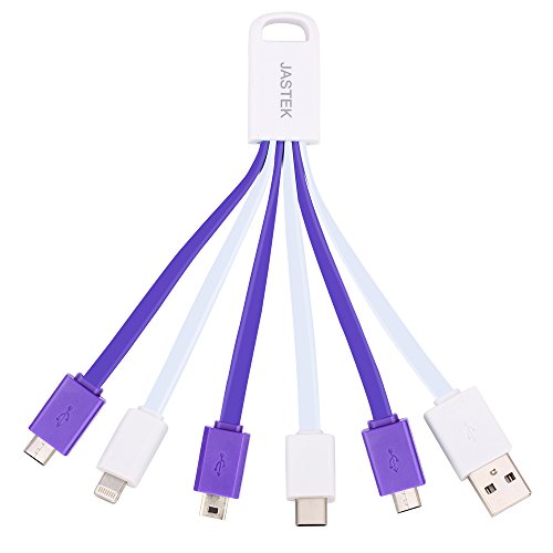 Mini USB Cable, JASTEK 5 in1 Multi USB Charger Cable with Type-C, Mini, Micro, 8pin Connectors (1 piece White + Purple )