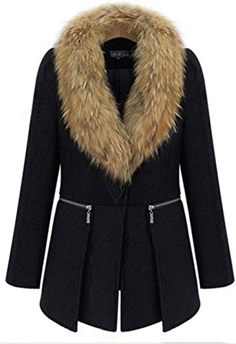 Kearia Womens Elegant Faux Fur Collar Long Sleeve Woolen Blend Coat Winter Outerwear Black 4XLarge