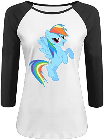 Women's Cotton Screw Neck 3/4 Sleeve My Little Pony Rainbow Dash Athletic Baseball Raglan Sleeves T-Shirt Black US Size XXL