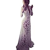 Wispun Women Sexy Deep-V Long Sleeve Lace Maxi Dresses See-through Mullet Dress (M, White)