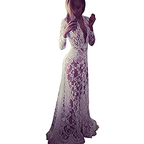 Wispun Women Sexy Deep-V Long Sleeve Lace Maxi Dresses See-through Mullet Dress (M, White)