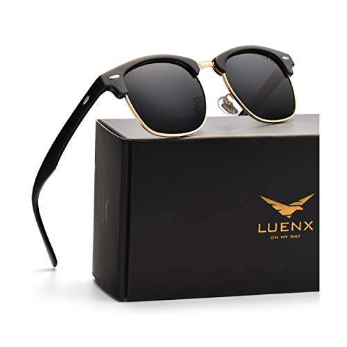 LUENX Men Semi Rimless Polarized Sunglasses UV 400 Protection Retro Classic Black Frame 51MM