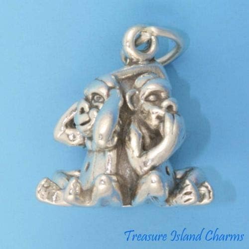 The Three Wise Monkeys See Hear Speak No Evil 3D 925 Solid Sterling Silver Charm Crafting Key Chain Bracelet Necklace Jewelry Accessories Pendants