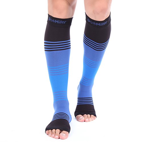 Doc Miller Premium Open Toe Compression Sleeve Dress Series 1 Pair 20-30mmHg Strong Support Graduated Sock Pressure Sports Running Recovery Shin Splints Varicose Veins (BlackBlueBlue, Large)