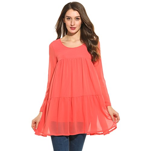 POGTMM Women's Casual O Neck Flare Sleeve Patchwork Pullover Slim Fit A-Line Mini Dress (S, Orange Red)