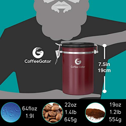 Coffee Canister - Coffee Gator Stainless Steel Coffee Container - Fresher Beans and Grounds for Longer - Date-Tracker, CO2-Release Valve and Measuring Scoop - Large, Red