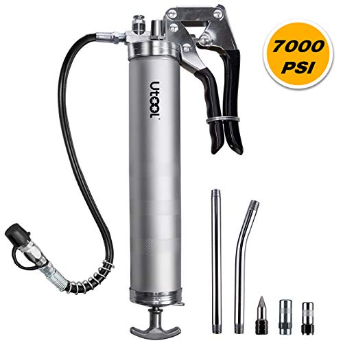 UTOOL Grease Gun Heavy Duty Pistol Grip Grease Gun Set with 7,000 PSI, 14 oz Load, 18 Inch Spring Flex Hose, 2 Working Coupler, 2 Extension Rigid Pipe and 1 Sharp Type Nozzle Included