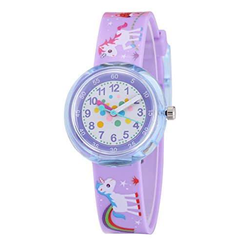 Jewtme Cute Toddler Children Kids Watches Ages 5-8 Analog Time Teacher 3D Silicone Band Cartoon Watch for Little Girls Boys-Horse Purple