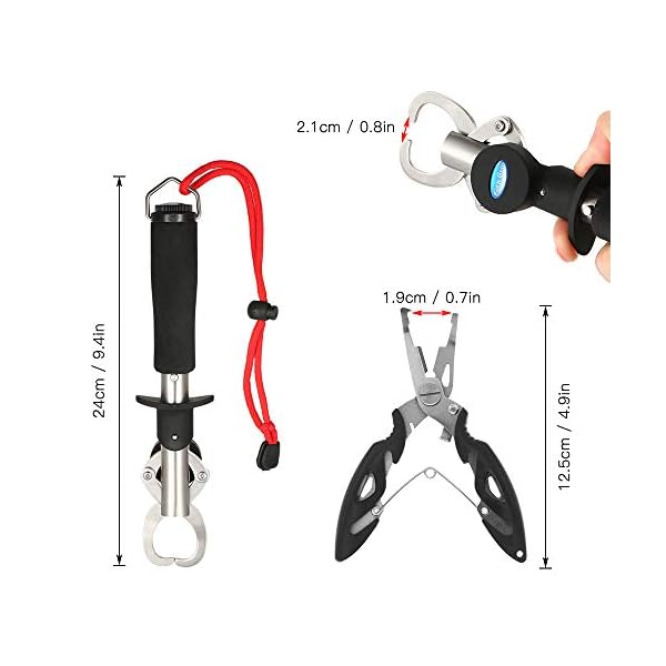 Janhiny Fisch Lippengreifer mit Edelstahl Angelzange Scissor Fishing Grabber mit Scale Lineal und Maßband Angelzubehör – Bild 5
