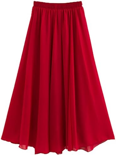 Beauty Girl Women Pure Color Stretched Waist Chiffon Long Skirts Flowy Half Dress, Wine Red, Medium