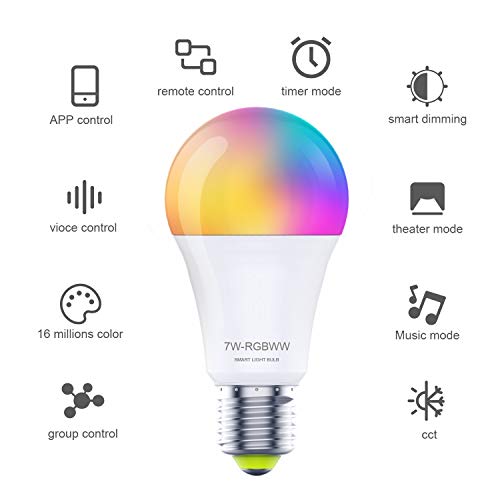 Smart WiFi Light Bulbs Dimmable,Work with Alexa,Google Home,E26 Music Sync RGB Color Changing Bulb,A19 7W 60W Equivalent… - Image 2