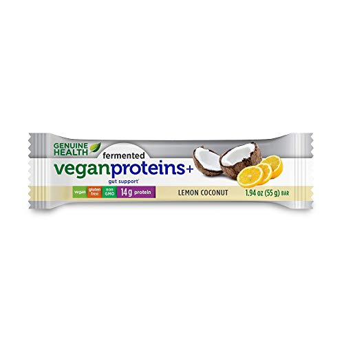 Genuine Health Fermented Vegan Proteins+ bar, Lemon Coconut, box of 12-1.94 oz bars