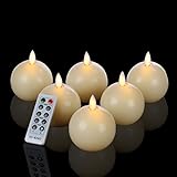 Ry-king Moving Wick Flameless Flicker Round Ball Wax LED Candles Lights with 10-Key Remote Control 2/4/6/8 Hours Timer, Batteries Included, Ivory Color, 2.5 X 3.6 Inches, Set of 6