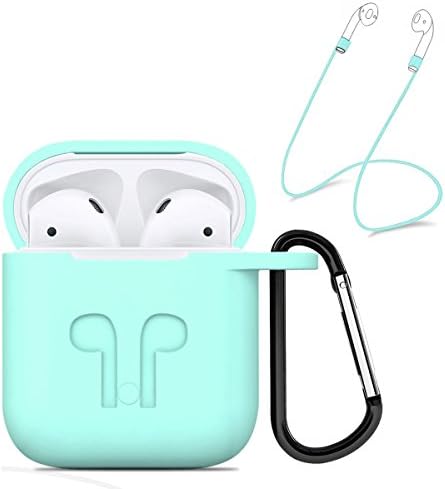 Airpods Case,Ultra-thin Silicone TPU Rugged Soft Shockproof Non-Slip Grip Wrap with Carabiner Keychain Slim Protection With Anti-lost Rope Cover Case for Apple Airpods Green
