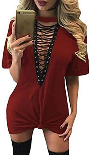 UGET Womens's Deep V Neck Lace Up Front Short Sleeve Casual Loose T-Shirt Dress Asia XL Wine Red