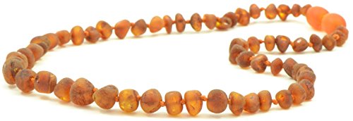 Baltic Amber Teething Baby Necklace - Hand-Made from Raw Genuine Baltic Amber Beads - Raw Cognac Amber - 14.1 inches (36 cm)