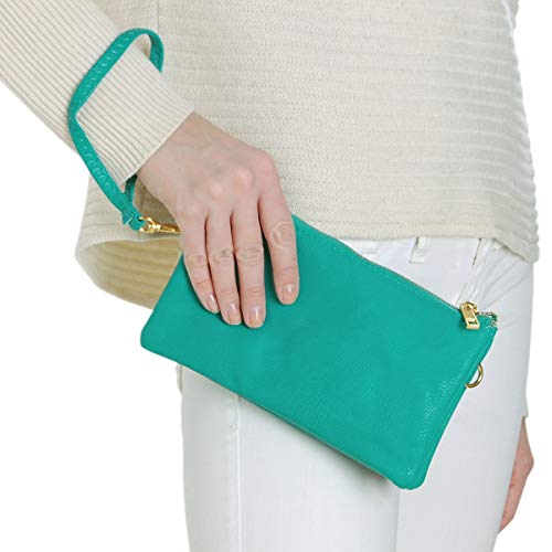 Humble Chic Vegan Leather Small Crossbody Bag or Wristlet Clutch Purse, Includes Adjustable Shoulder and Wrist Straps, Turquoise, Teal, Aqua Blue