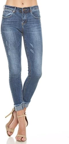 MADRACK213 Women's Washed Stretch Fit 5 Pocket Skinny Premium Jeans With Frayed Hem (7, MD_Blue)