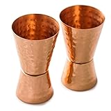 Drinkware Essentials Double Jigger Bar Shot Glasses. Set of 2 Solid Copper Hammered Bartender Tools (1oz/2oz).