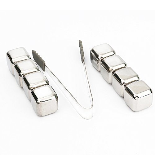 Whiskey Stones, MCIRCO 8-piece Stainless Steel Reusable Ice Cubes Whiskey Stones Cooling Rocks Sipping Stones for Wine, Coffee and Soda with Freezing Storage Tray and Tongs