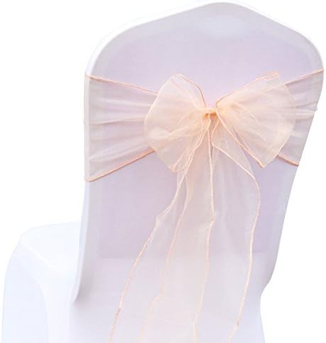 YHOUSE 50Pcs Organza Chair Tie Backs Bow Sashes, Banquet Chair Bands Chair Ties Catering Wedding Events Supplies Party Decorations - 7" x 108" (Peach Pink)