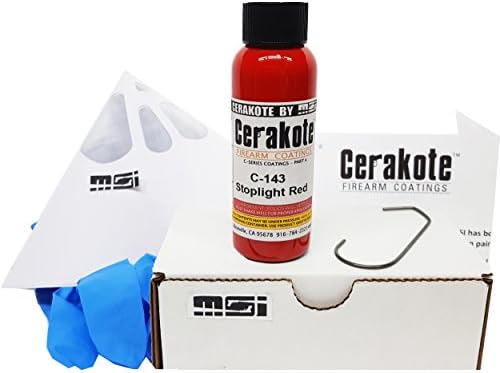  Stoplight Red C-143 Air Cure, MSI Ceramic Firearm Paint Bundle, includes 6 items: 45ml Ceramic Paint, Strainer, Gloves, Hanging hook, instructions, link to MSI instructional video