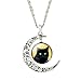 Women Shiny Green Eye Black Cat Crescent Moon Pendant Collar Necklace Time Gem Earrings Bracelet Set