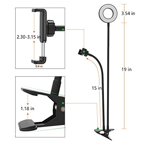 MeeQee Cell Phone Holder with Selfie Ring Light for Live Stream, Dimmable 3 Light Mode with Flexible Arms Phone Clip Holder Lazy Bracket Desk Lamp for Makeup, Youtube, Bedroom, Office, Kitchen - Black