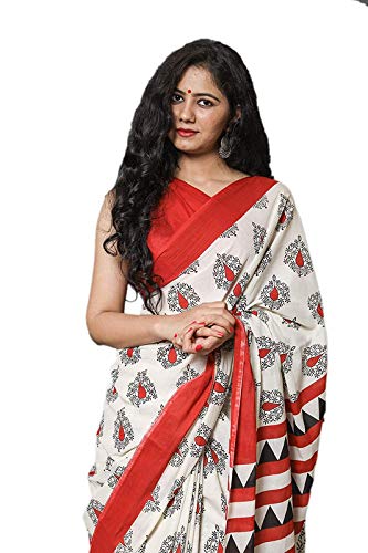 Woman Hand Block Printed Jaipuri Print Cotton Mulmul Saree with unstitched Blouse