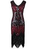 Vijiv Women 1920s Gastby Sequin Art Nouveau Embellished Fringed Cocktail Dresses Wine Red 2XL