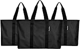 CleverMade SnapBasket Reusable Grocery Shopping Bag - Large Eco-Friendly Durable Collapsible Tote with Reinforced Bottom, Black/Black, 3 Pack