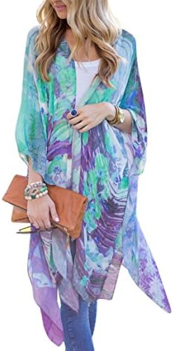 Zekotech Women Floral Printed Chiffon Shawl Kimono Cardigan Tops Loose Cover up Blouse (M)