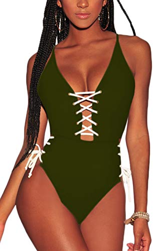 Almaree Lace Up Swimsuit for Women V Neck Criss Cross Cutout 1 Piece Swimwear Green M