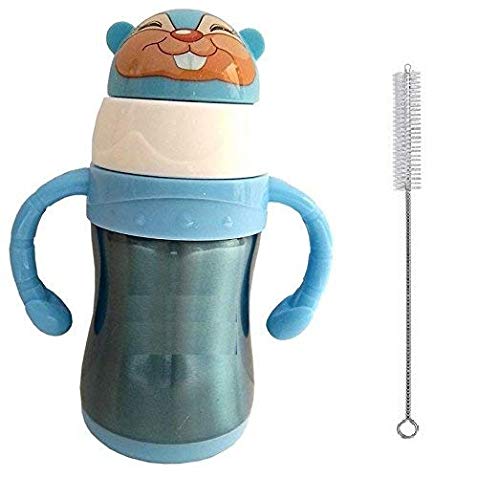 Gilli Shopee Double Wall Insulated Kids Stainless Steel Bottle, Anti Colic Feeding Bottle, 2 in 1 Straw Sipper/Feeding Bottle 240Ml(Blue) with Straw Cleaning Brush